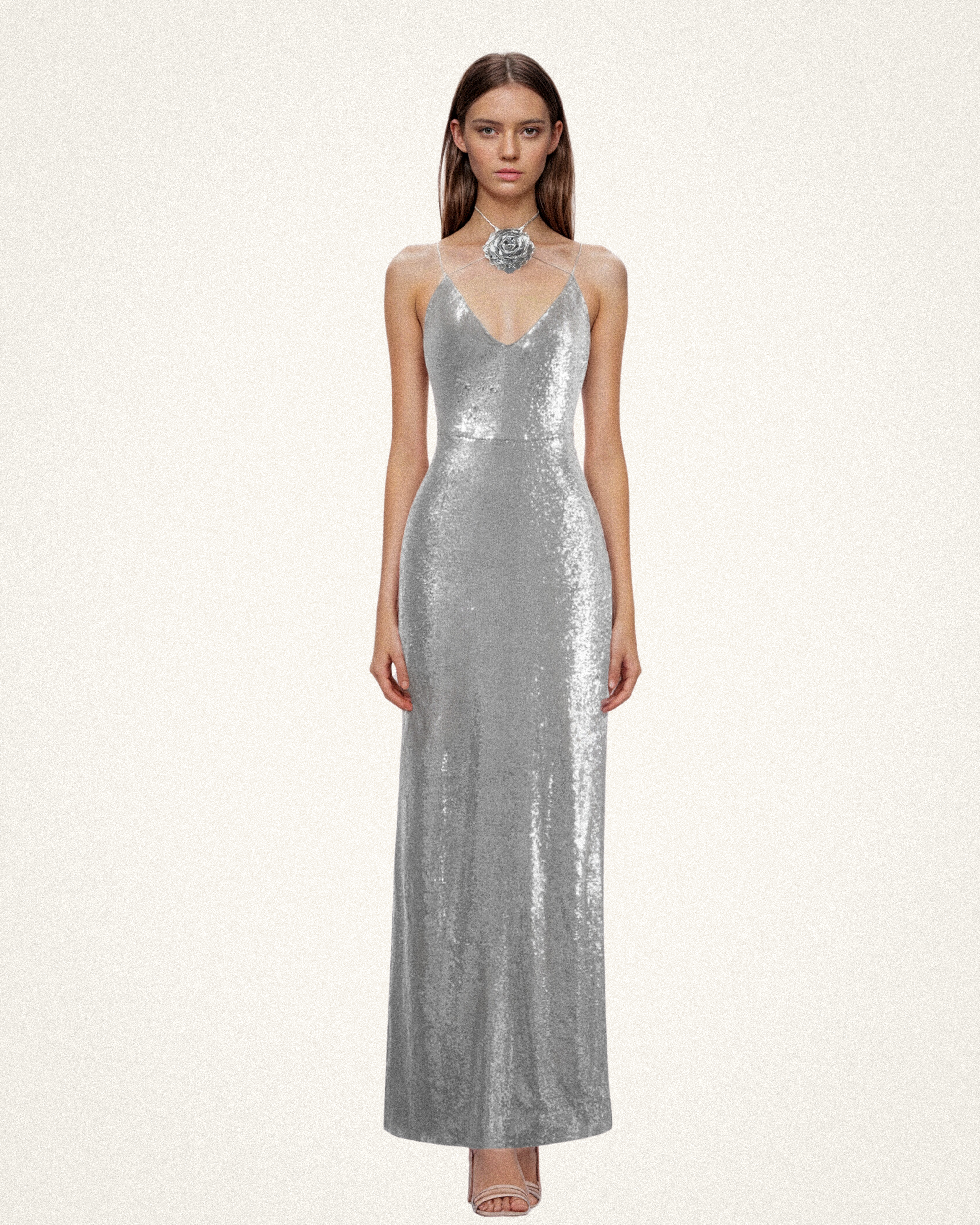 Heisey Silver Sequinned Rosette Maxi Dress - Silver - Image 2