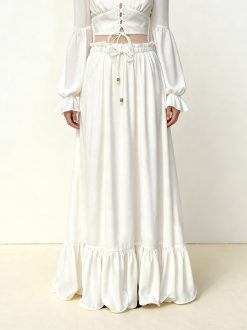 Drawstring Chiffon Maxi Skirt - White