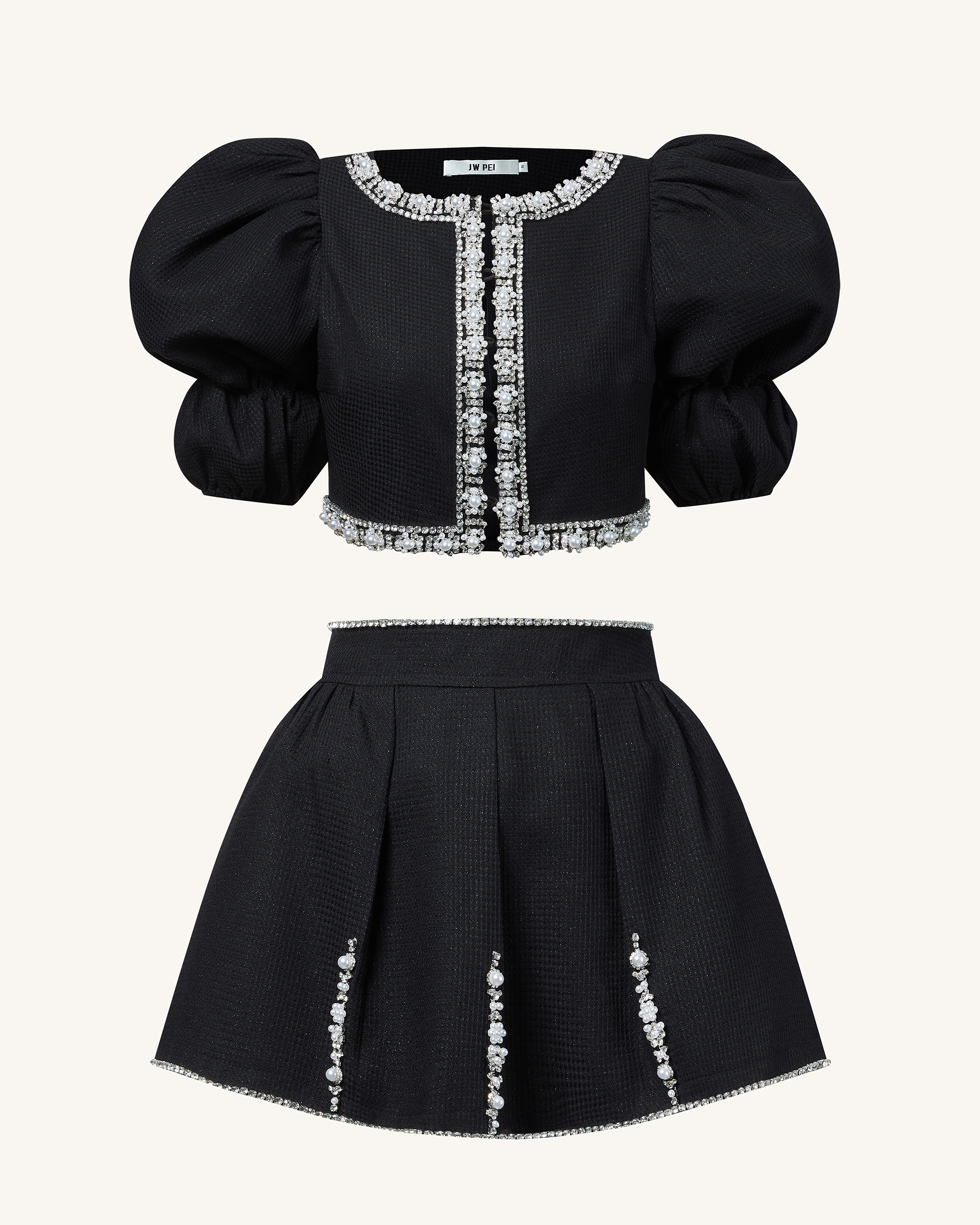 Pearl-Embellished Tweed Set - Black - Image 3
