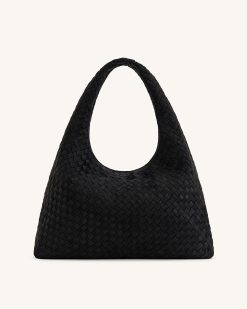 Laura Faux Suede Woven Shoulder Bag - Black