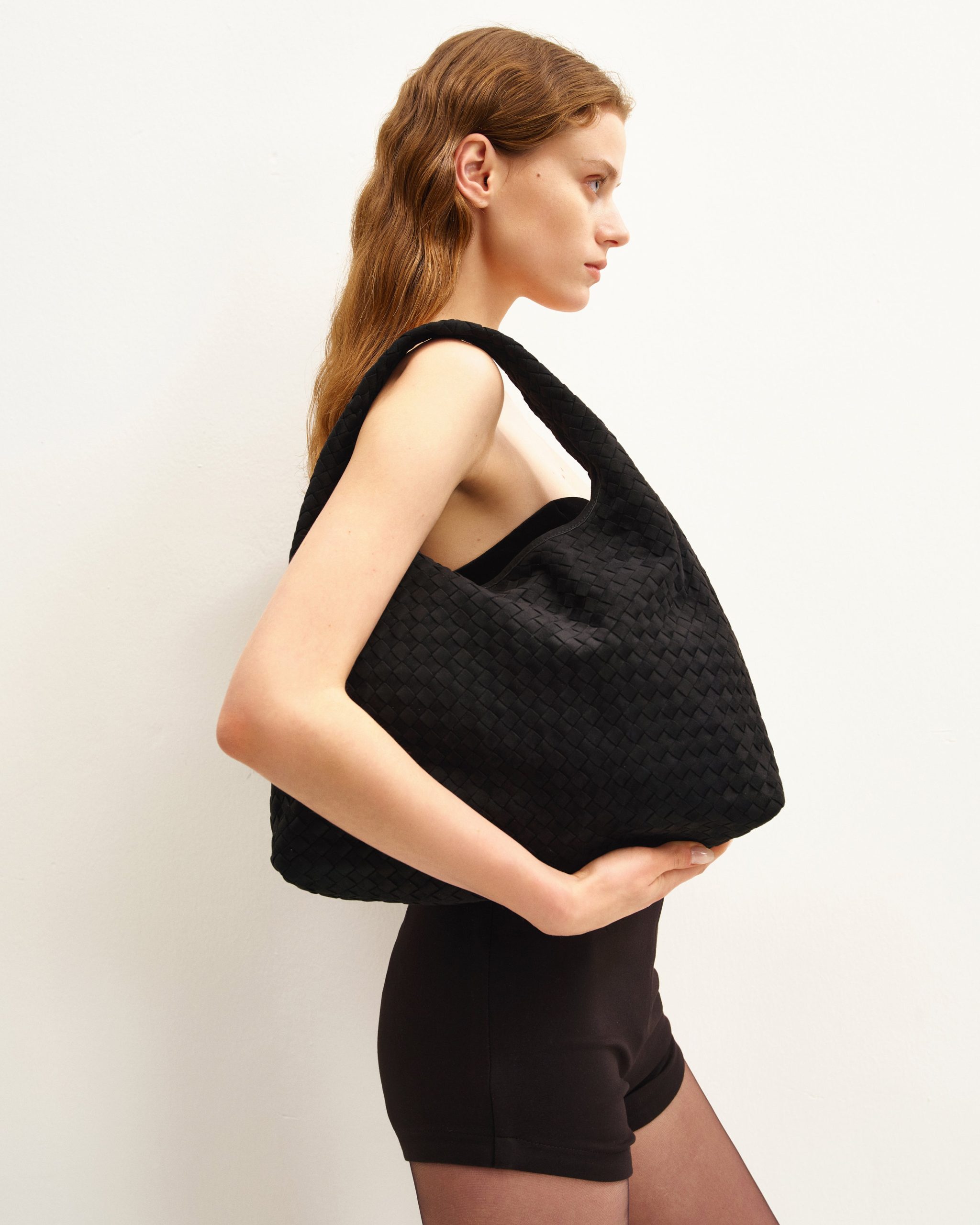 Laura Faux Suede Woven Shoulder Bag - Black - Image 2