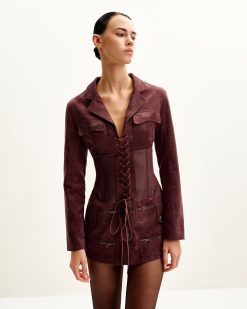 Alternative view of Faux Suede Corset Jacket Mini Dress - Claret