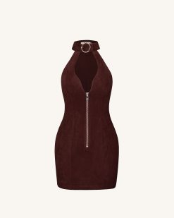 Alternative view of Ruby Halter Neck Zipper Mini Dress - Coffee Red