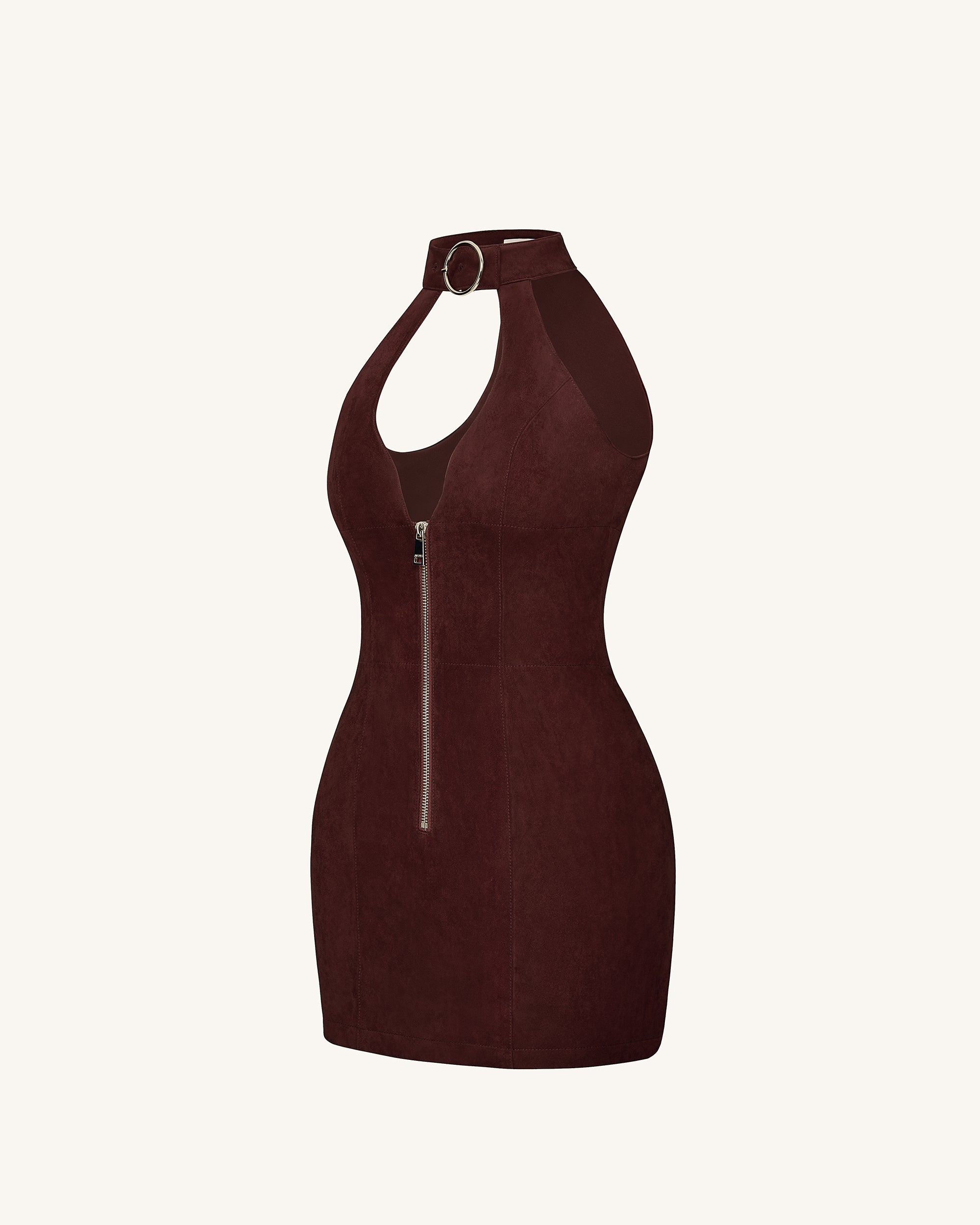 Ruby Halter Neck Zipper Mini Dress - Coffee Red - Image 3