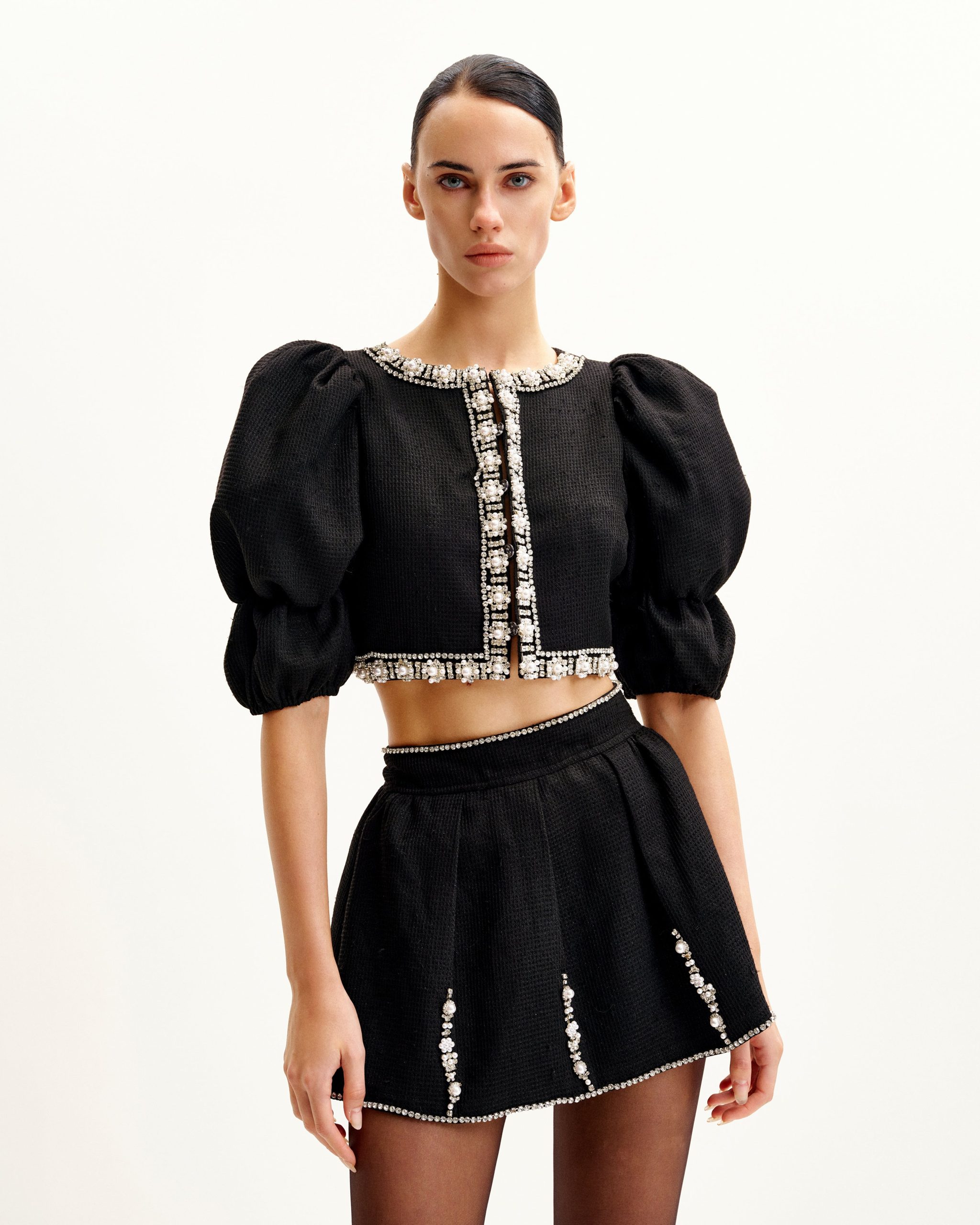 Pearl-Embellished Tweed Set - Black - Image 2