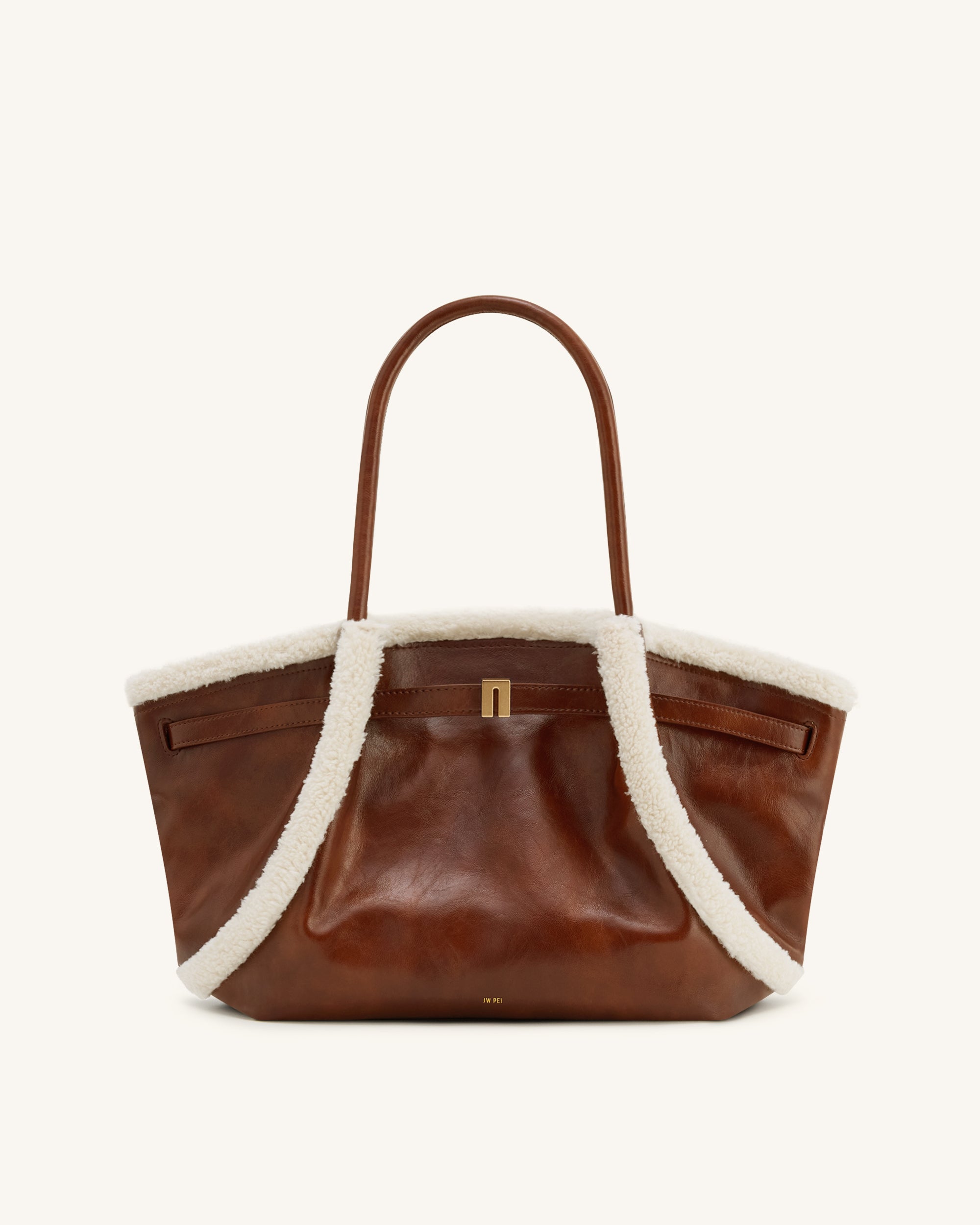 Hana Medium Faux Shearling Trim Tote Bag - Brown - Image 2