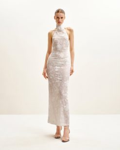 Uliana White Floral Lace Halterneck Maxi Dress - White