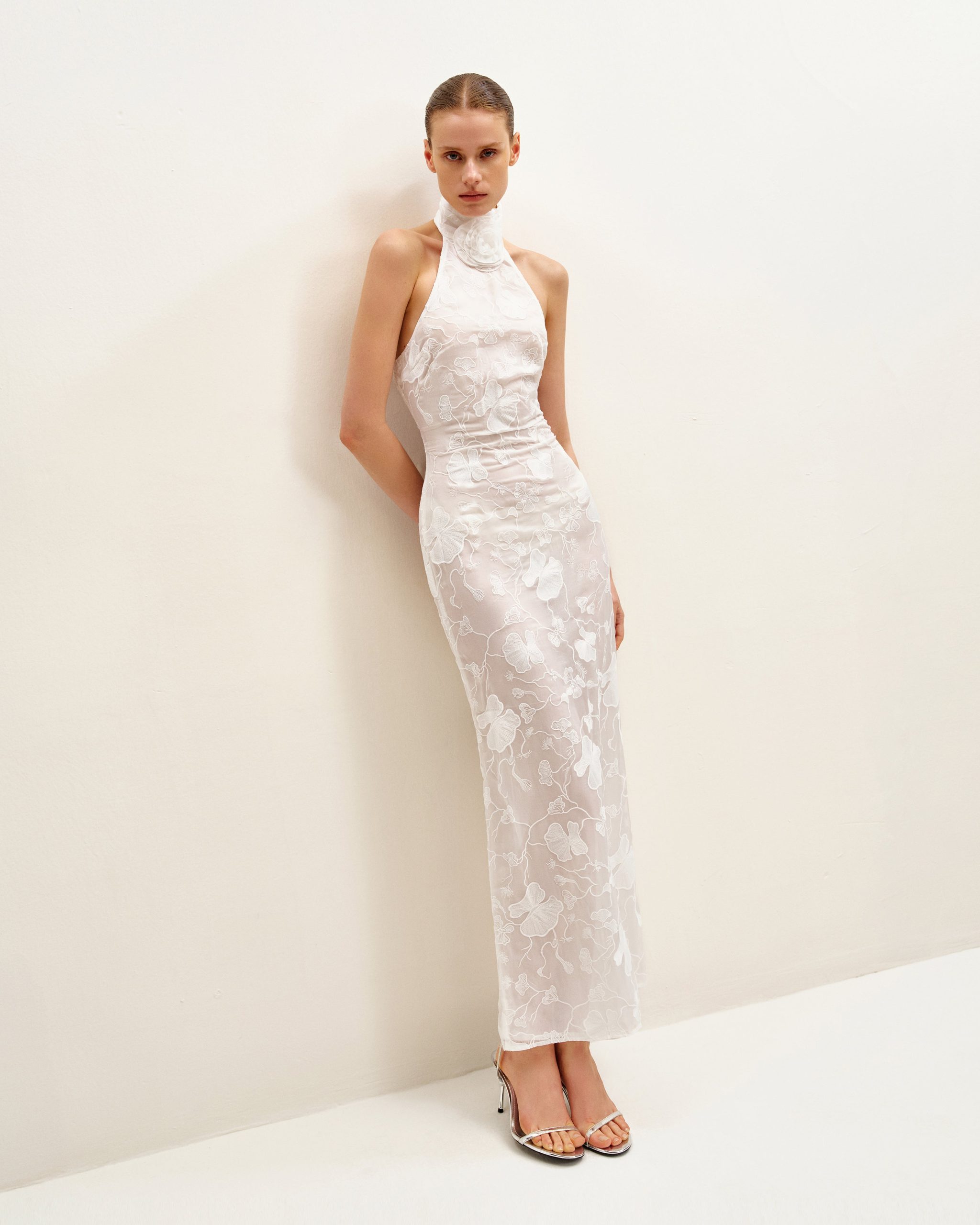 Uliana White Floral Lace Halterneck Maxi Dress - White - Image 2