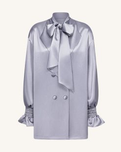 Alternative view of Ribbon Tie Balloon Sleeve Longline Blazer - Silver