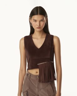 Alternative view of Faux Suede V-Neck Fringe Top - Chocolate Brown