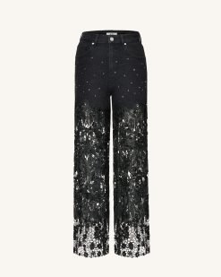Alternative view of Embroidery High Rise Wide Leg Lace Denim Jeans With Rhinestone - Black