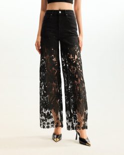 Embroidery High Rise Wide Leg Lace Denim Jeans With Rhinestone - Black