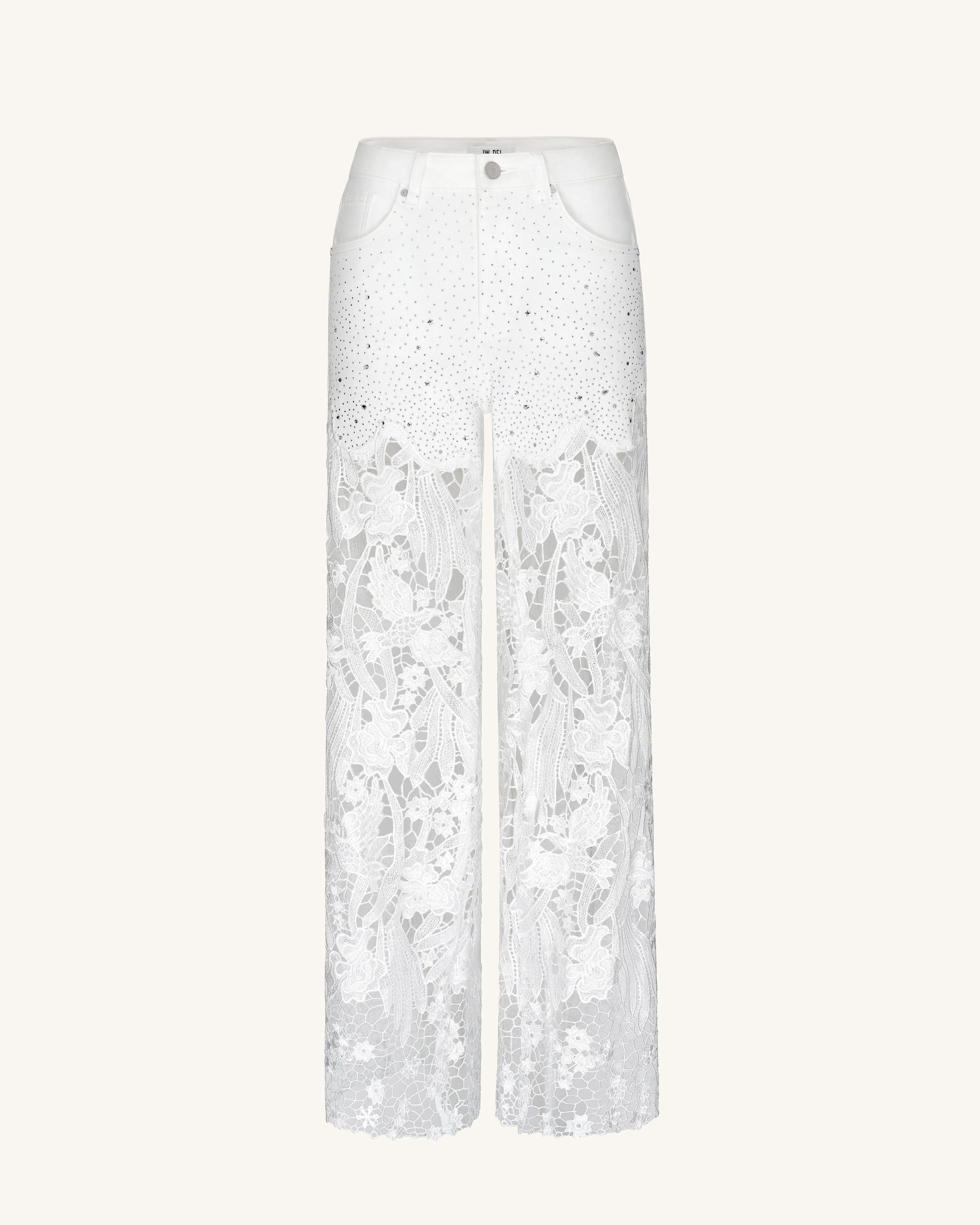 Embroidery High Rise Wide Leg Lace Denim Jeans With Rhinestone - White - Image 2