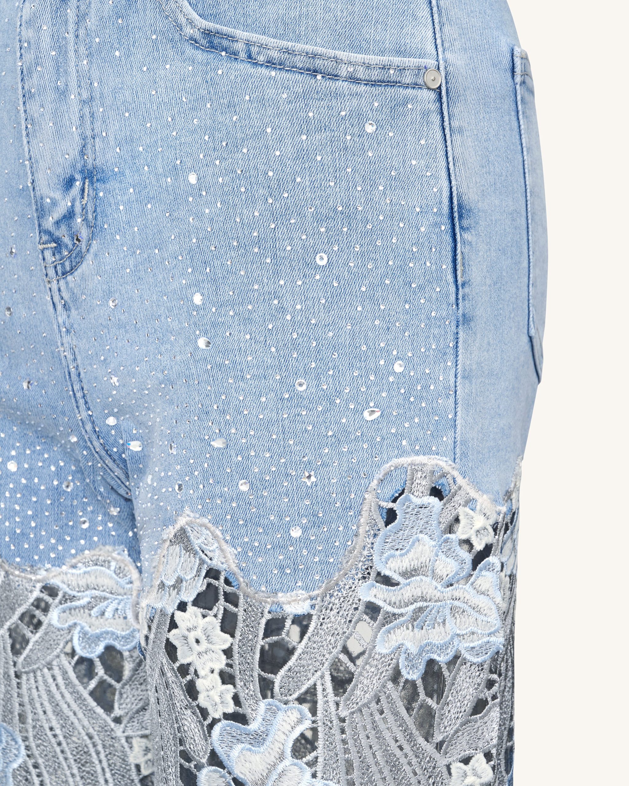 Embroidery High Rise Wide Leg Lace Denim Jeans With Rhinestone - Light Blue - Image 5