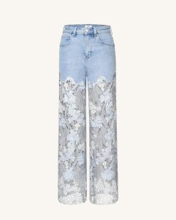 Alternative view of Embroidery High Rise Wide Leg Lace Denim Jeans With Rhinestone - Light Blue