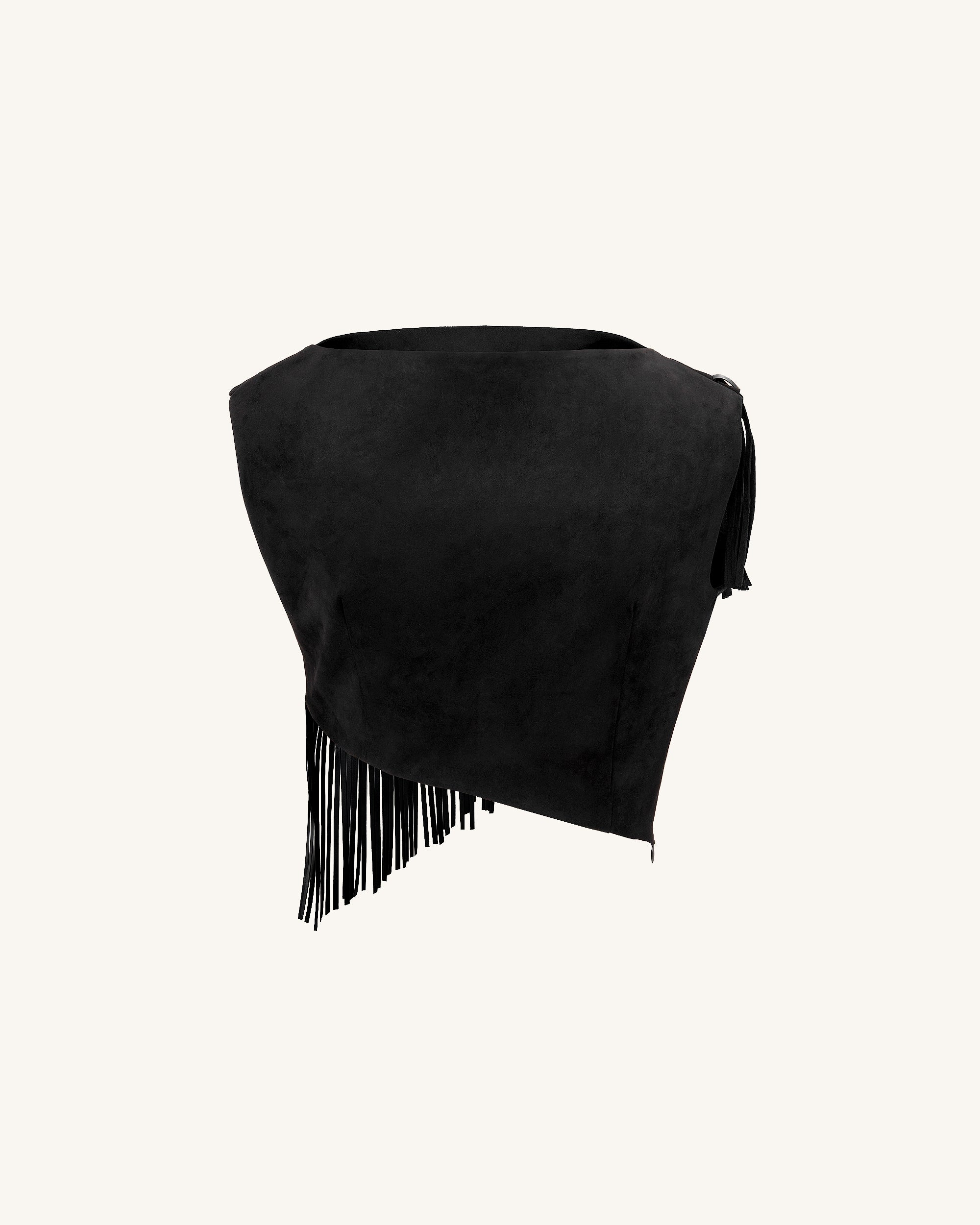 Ariana Asymmetric Fringe Sueded Top - Black - Image 6