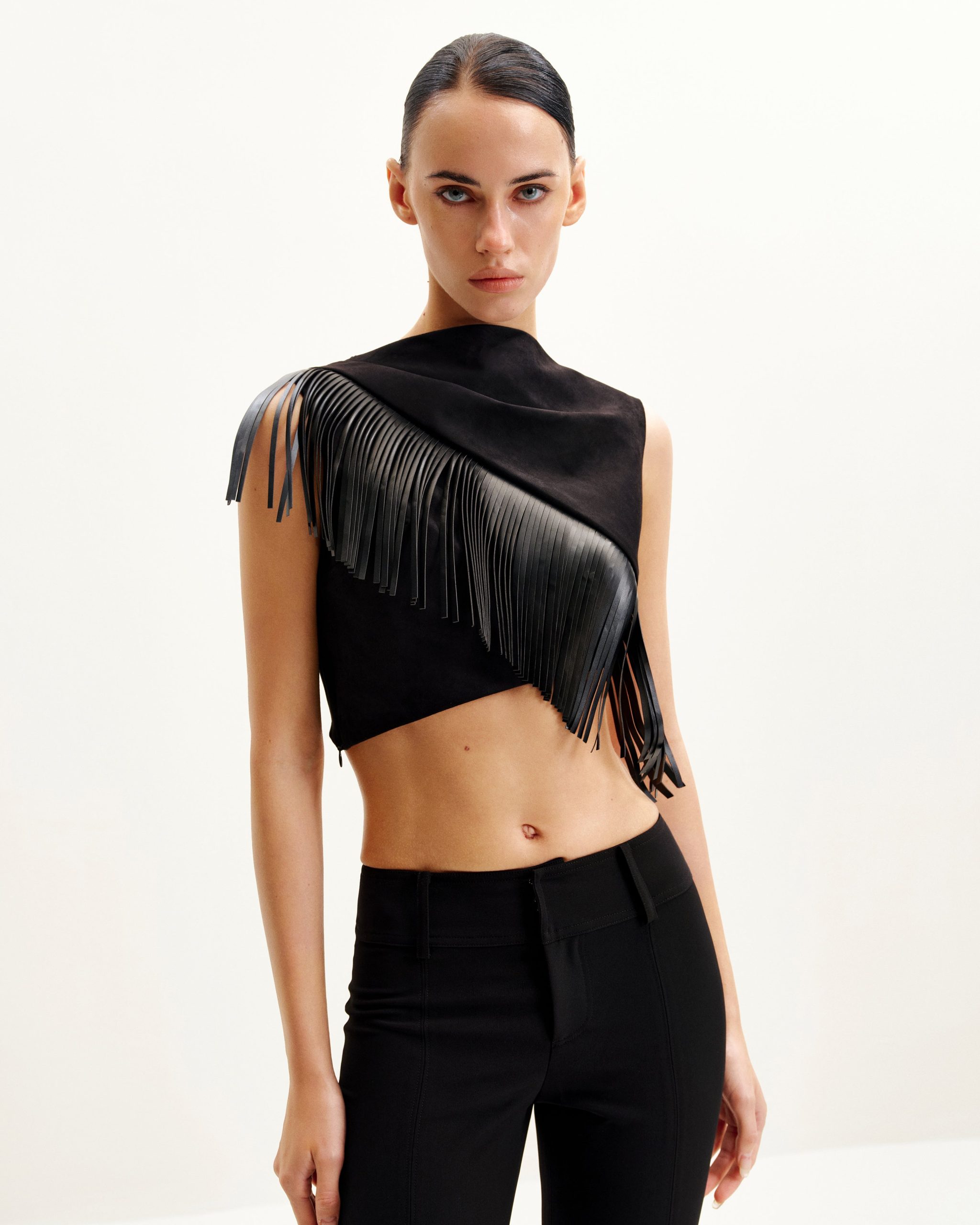 Ariana Asymmetric Fringe Sueded Top - Black - Image 2