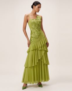 Orchid Embroidered Ruffled One-Shoulder Maxi Dress - Olive Green