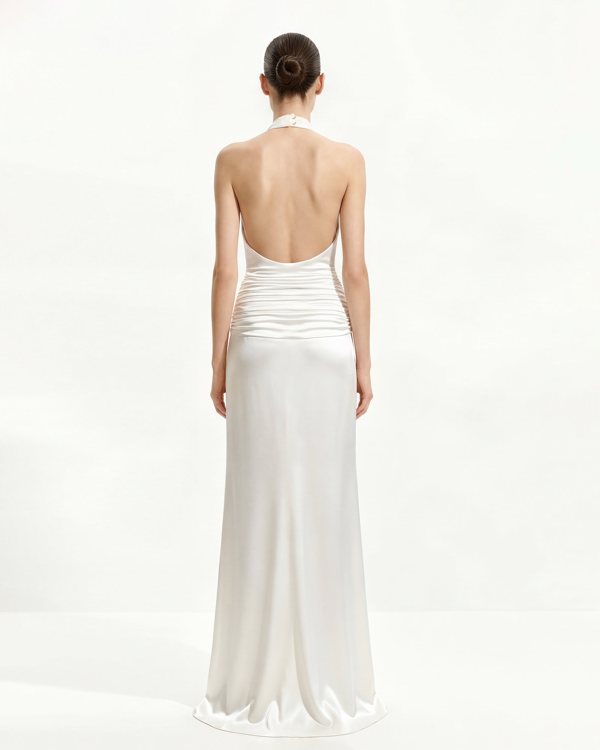 Satin Cowl Neck Ruched Maxi Gown - White - Image 3