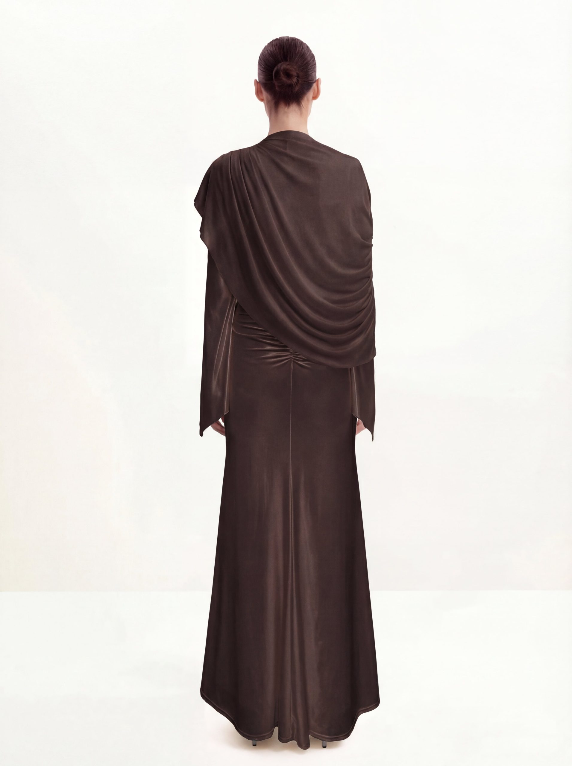 Sheer Shawl Ruched Bodycon Maxi Gown - Brown - Image 2