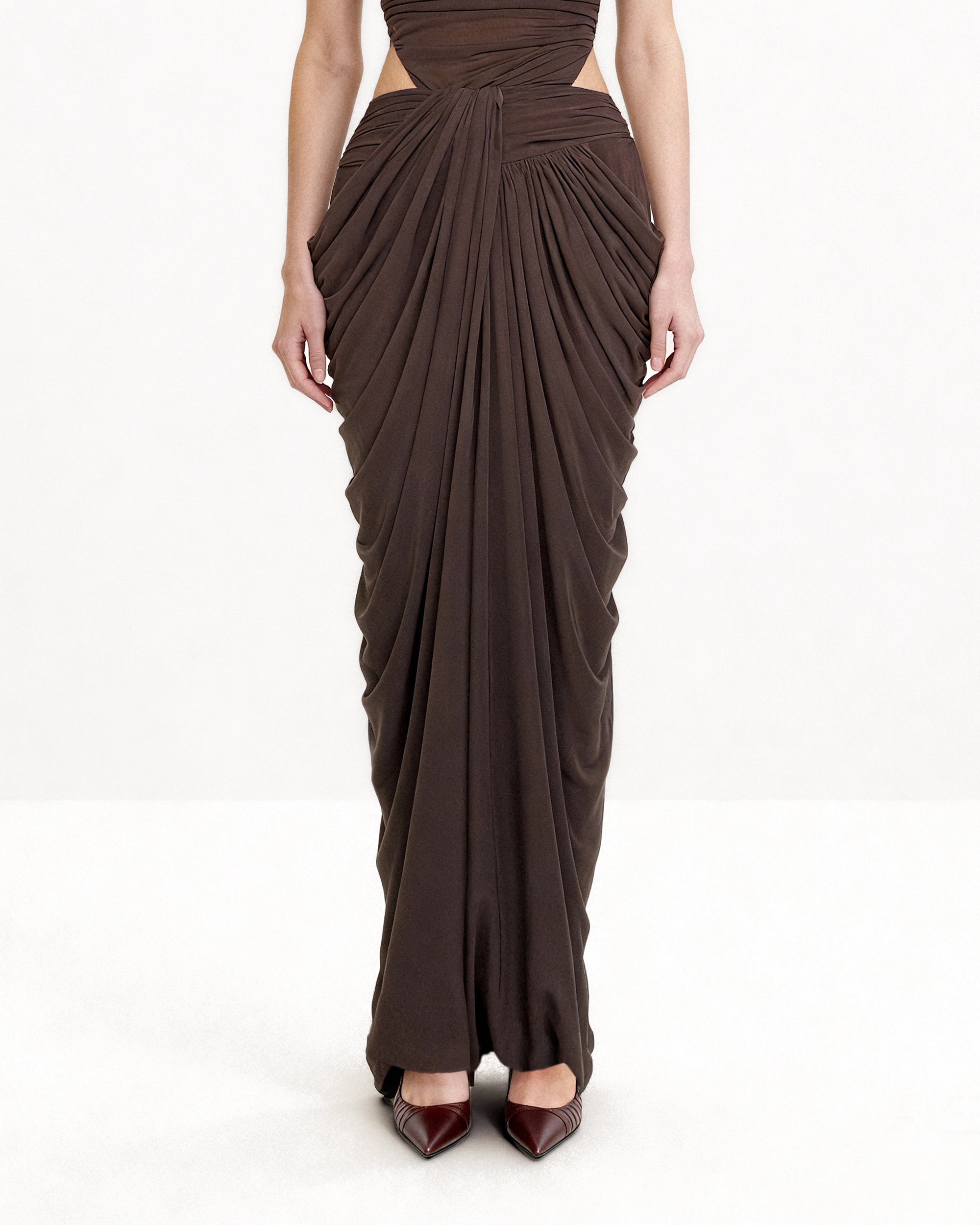 Draped Twist-Front Maxi Skirt - Brown - Image 2