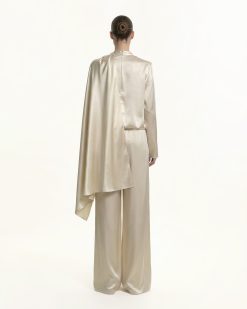 Alternative view of Asymmetric Drape High-Neck Cape Top - Cream