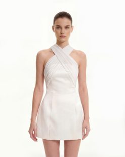 Satin Mini Dress with Tulle Cross-Halter - White
