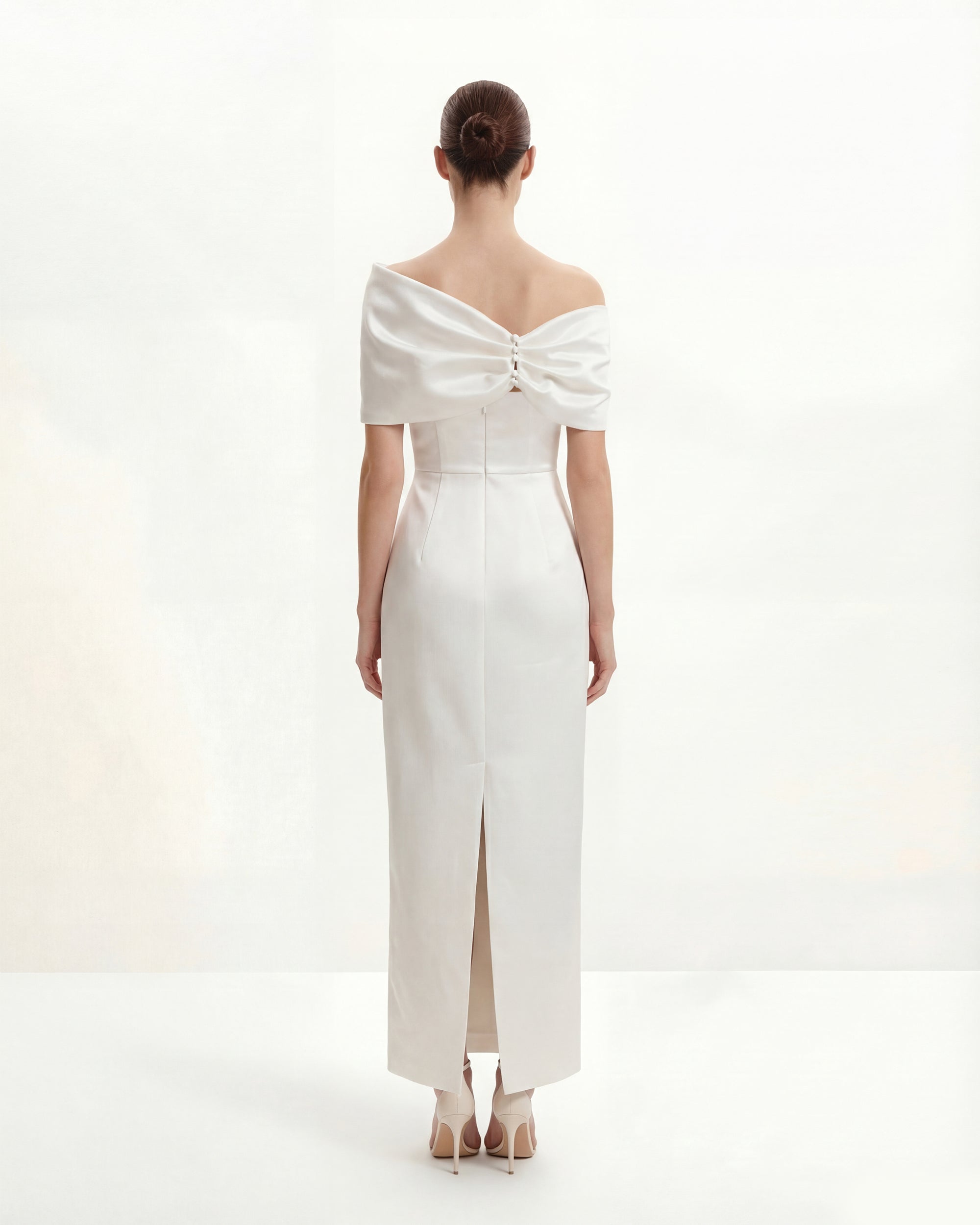 Satin Asymmetric Bow Maxi Dress - White - Image 3