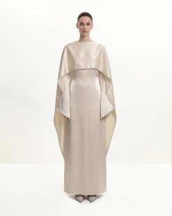 198Pearl-Trimmed Cape Sleeve Boat Neck Maxi Gown - Cream