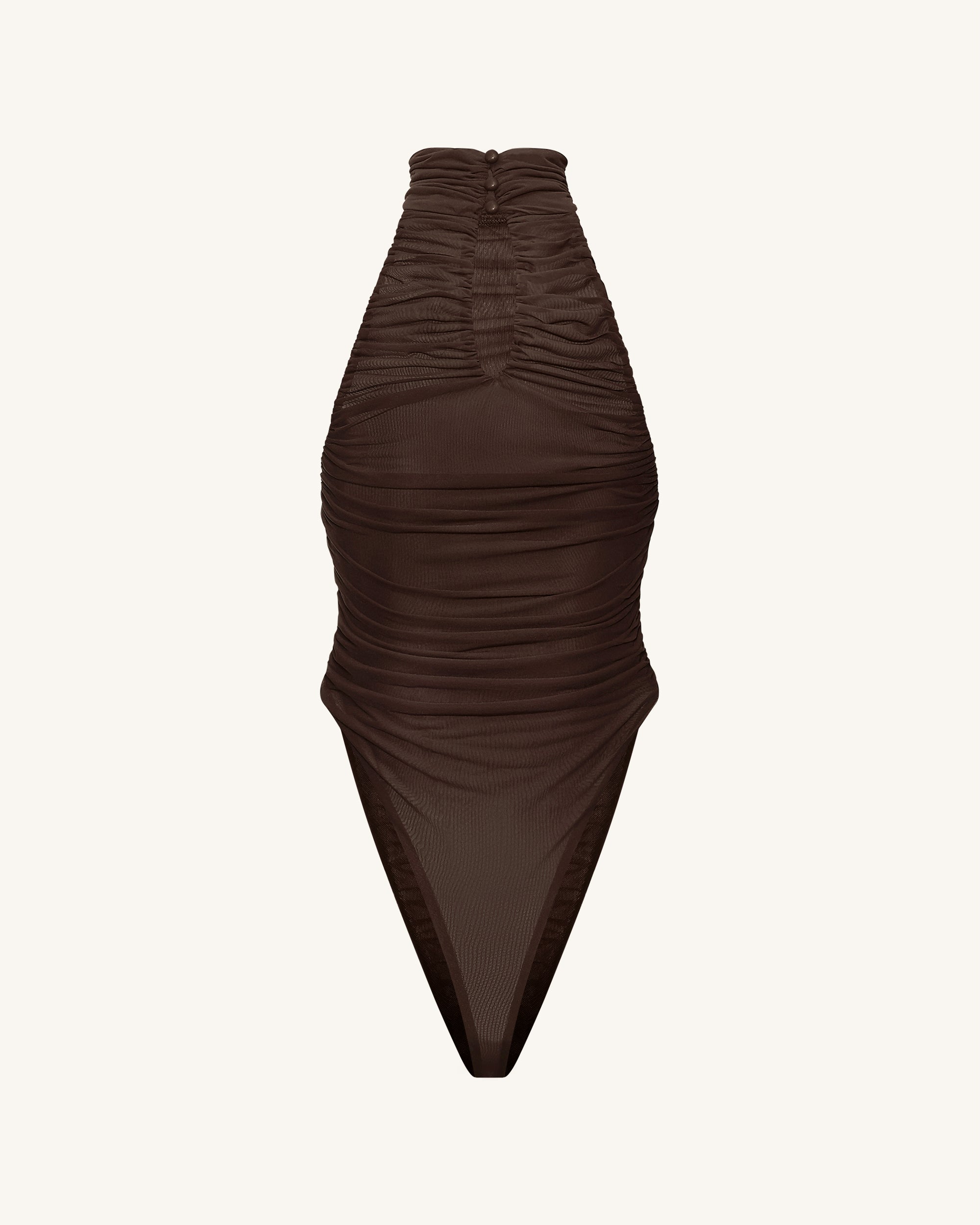 Ruched Twist-Front Halter Bodysuit - Brown - Image 8