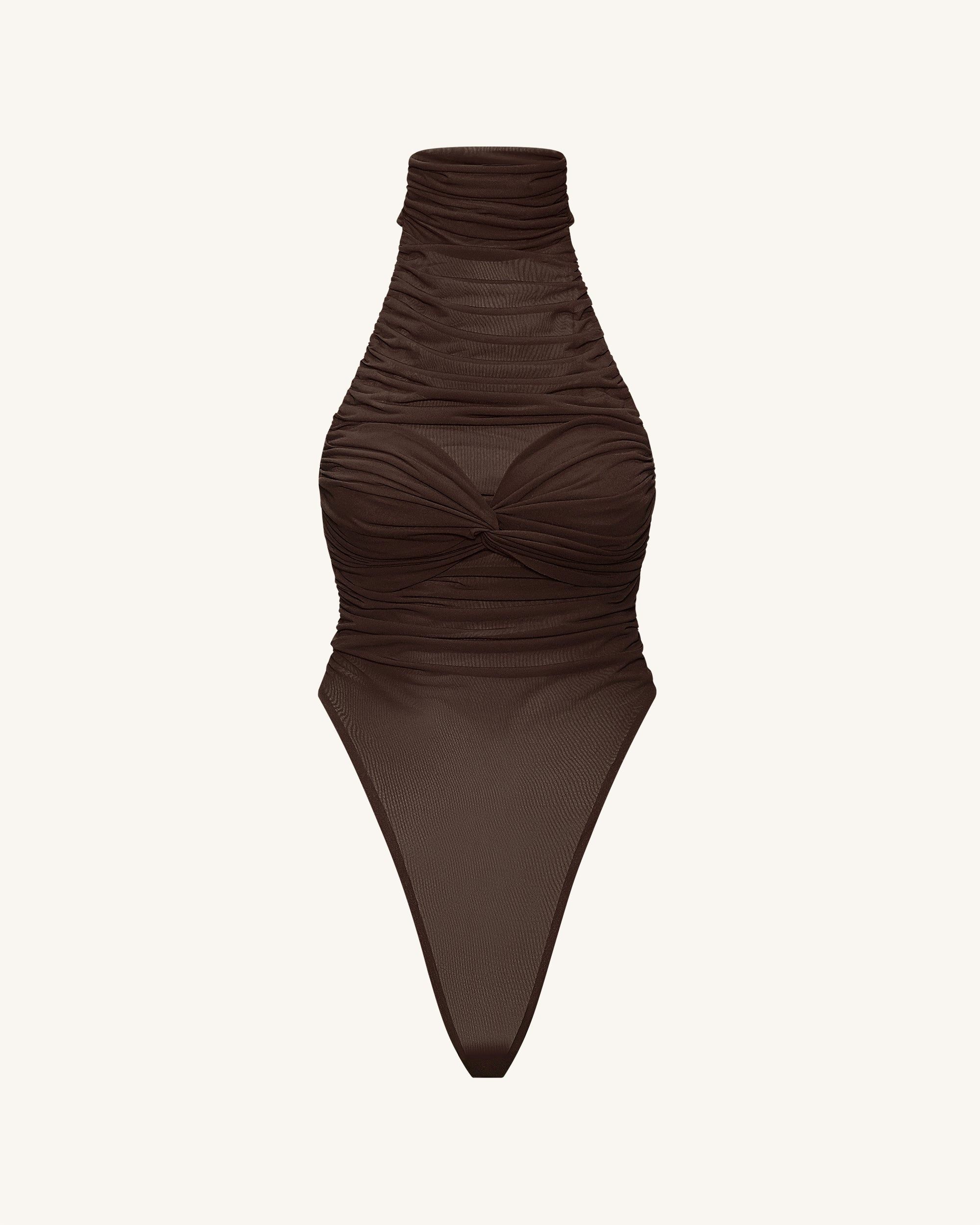 Ruched Twist-Front Halter Bodysuit - Brown - Image 6
