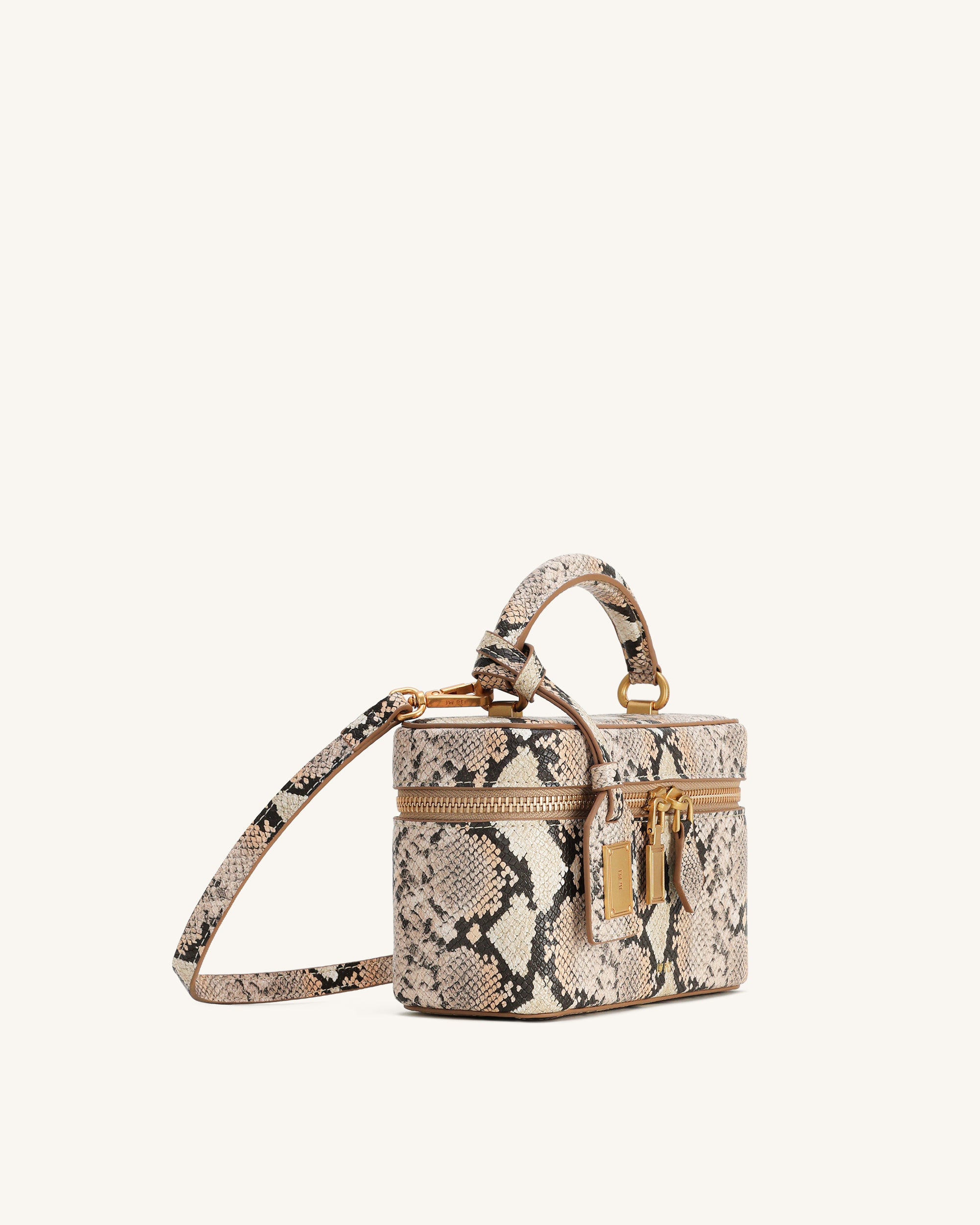 Cleo Snake-Embossed Box Shape Top Handle Bag - Beige - Image 2