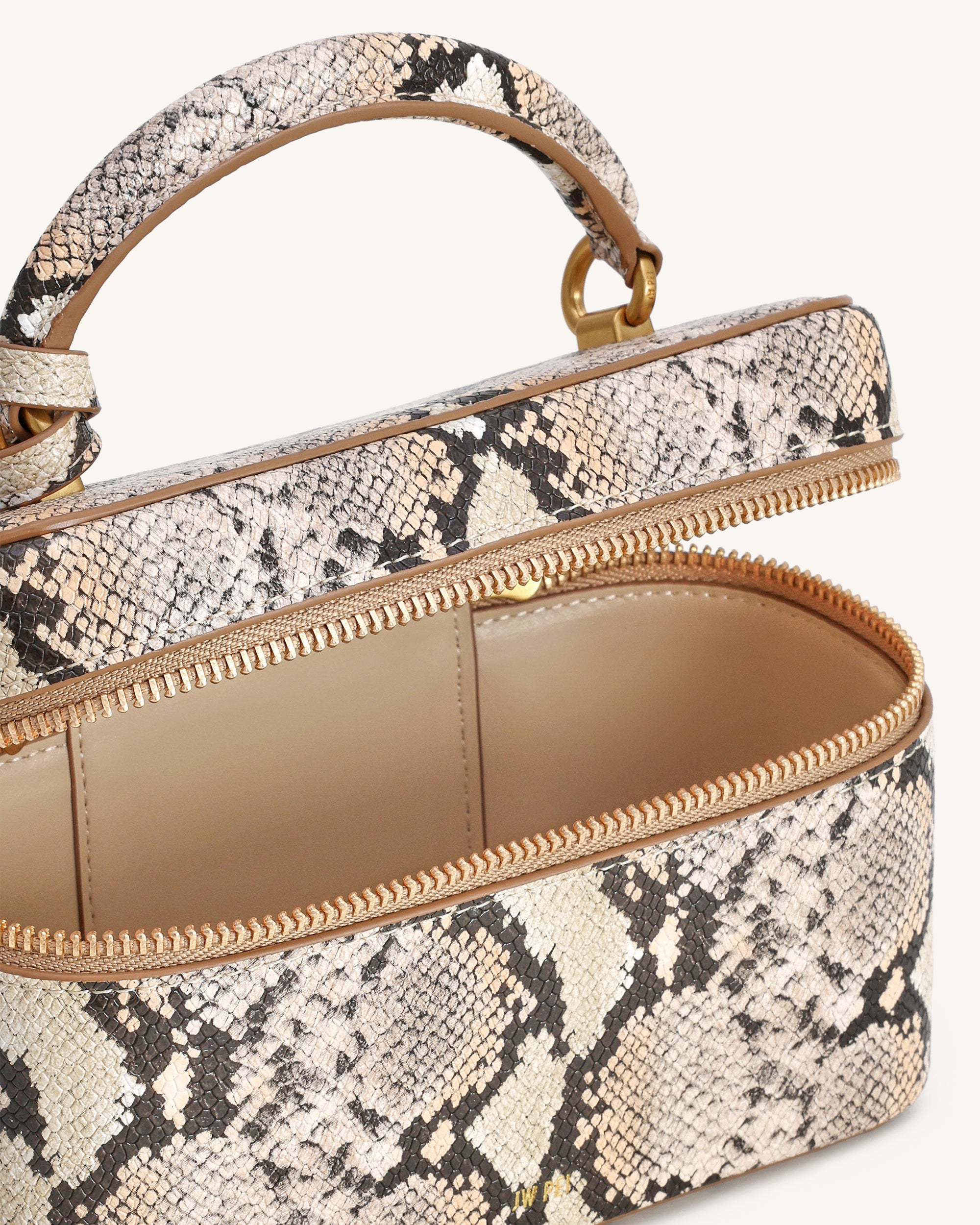 Cleo Snake-Embossed Box Shape Top Handle Bag - Beige - Image 4