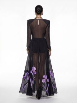 Alternative view of Iris Floral Print Long-Sleeve Sheer Gown - Black/Purple