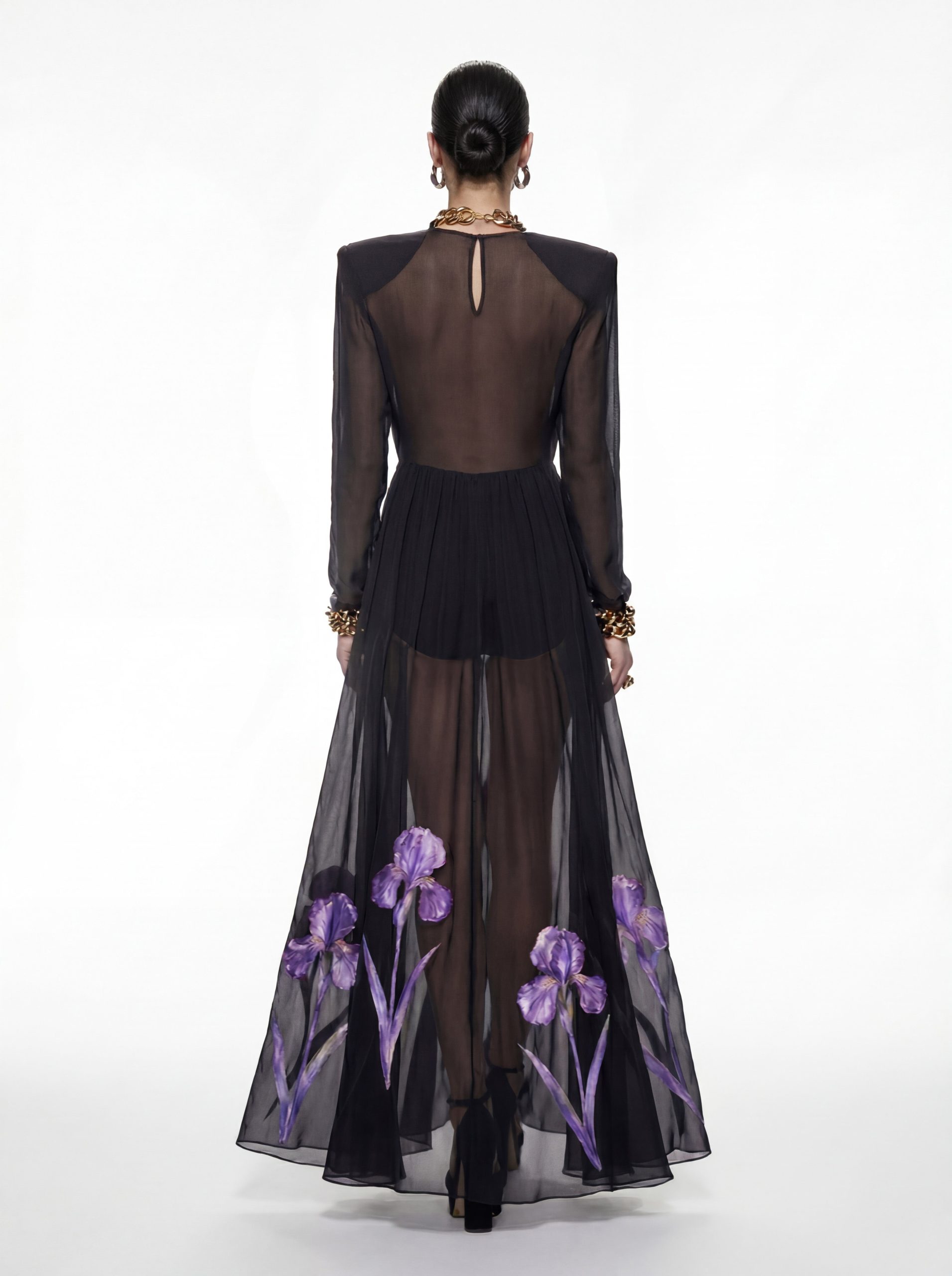 Iris Floral Print Long-Sleeve Sheer Gown - Black/Purple - Image 2