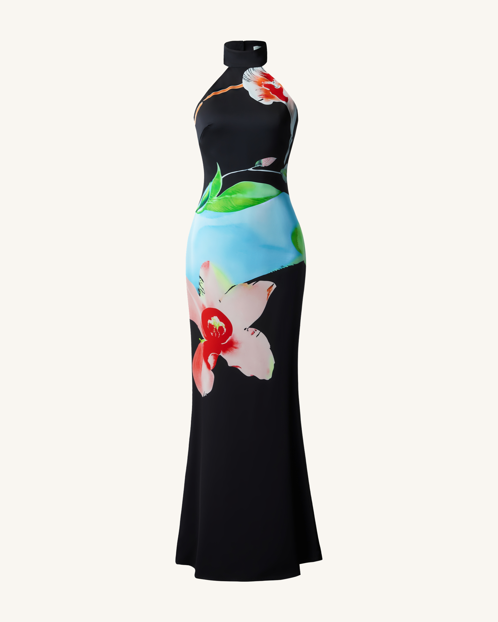 Floral Satin Halter Dress - Multicolor Black - Image 2