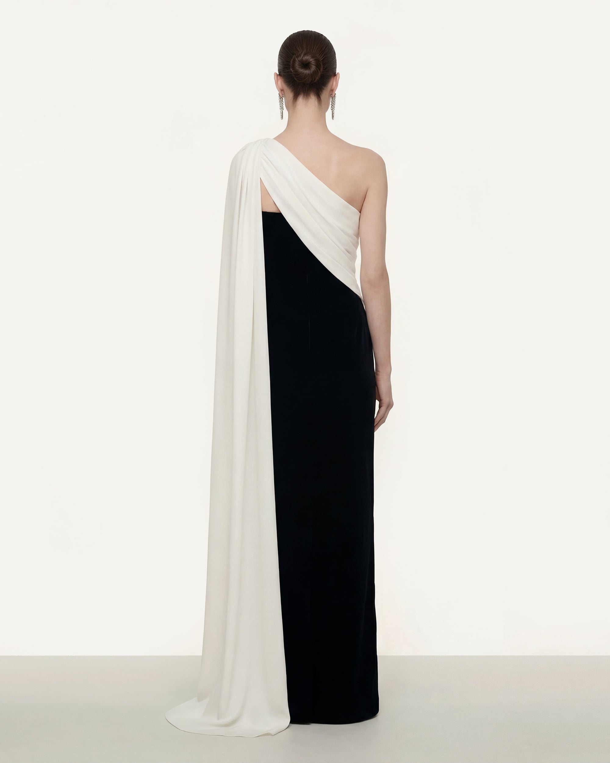 One Shoulder Draped Maxi Dress - Black White - Image 2