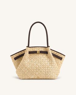 Hana Medium Faux Straw Tote Bag - Brown