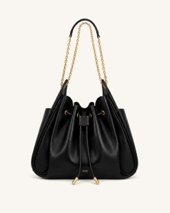 Rowan Ruched Drawstring Chain Bucket Bag - Black