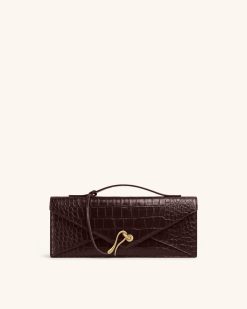 Celeste Envelope Top Handle Bag - Dark Brown Croc