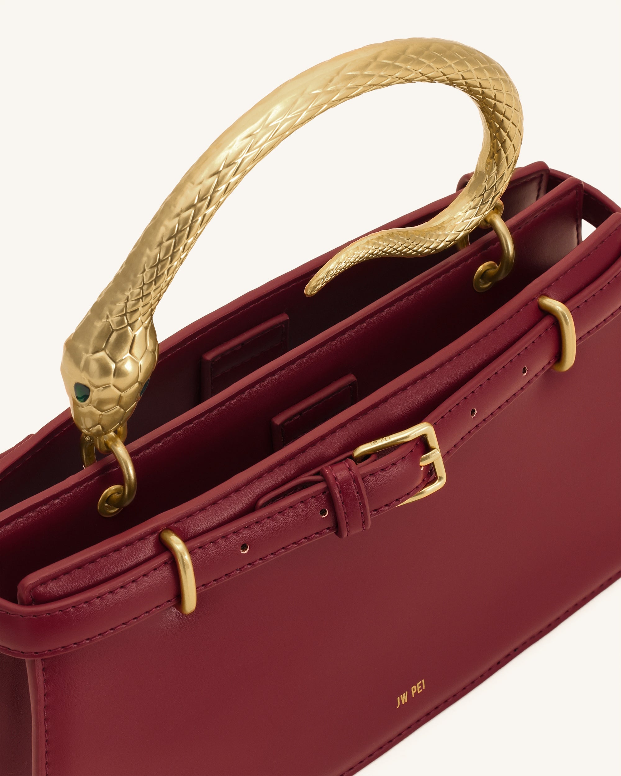 Elena Snake Handle Top Handle Bag - Wine Red - Image 4