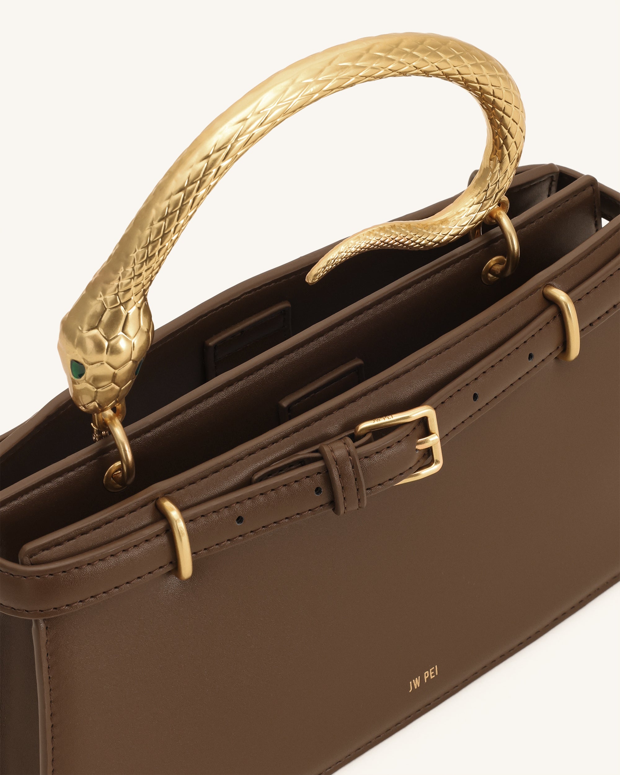 Elena Snake Handle Top Handle Bag - Dark Brown - Image 4