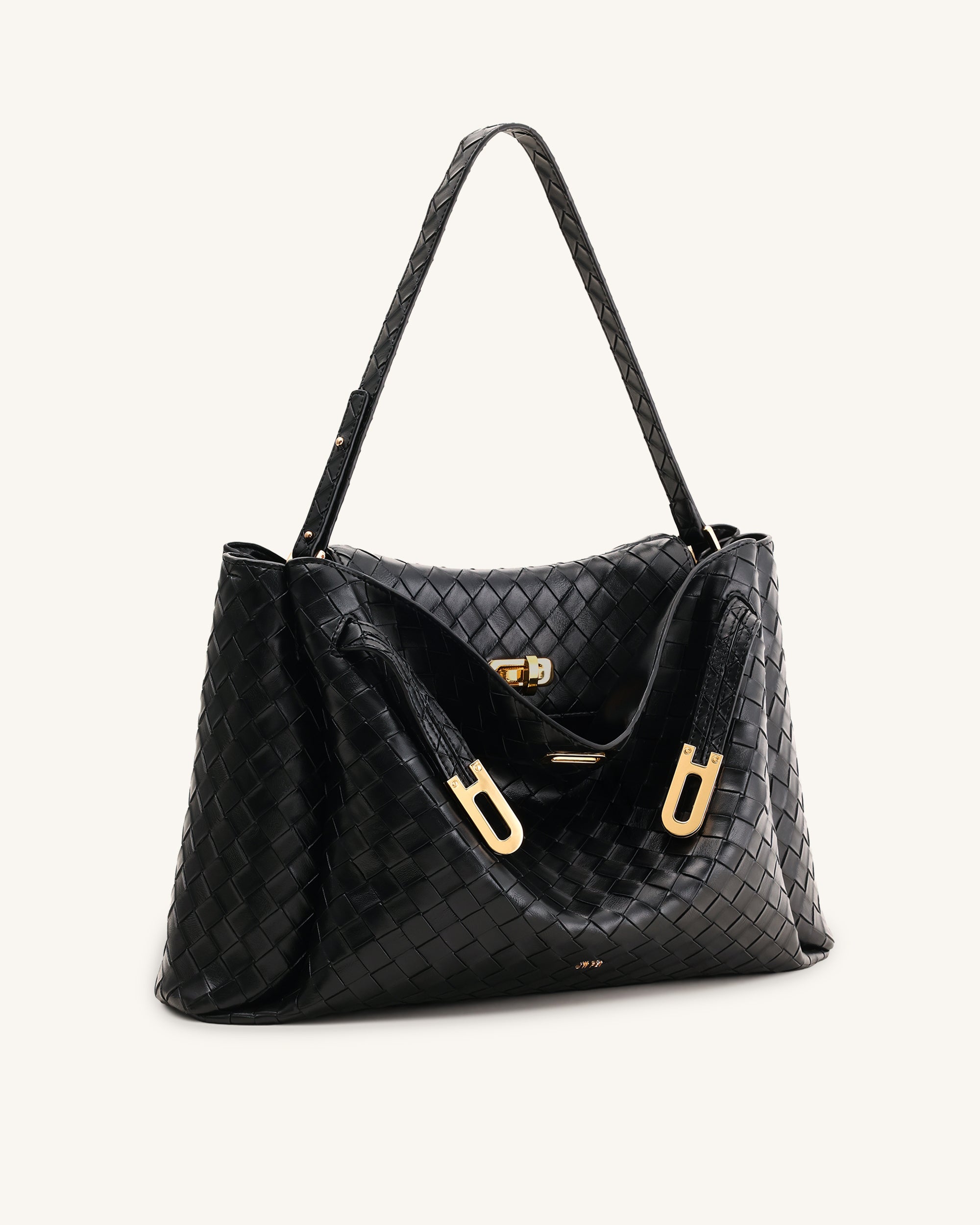 Rhea Large Woven Textured Shoulder Bag - Black - Image 2