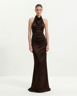 Satin Cowl Neck Ruched Maxi Gown - Dark Chocolate