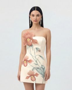Slipper Orchid Appliqué Mini Dress - Ivory/Peach Pink