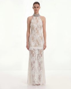 Jeweled Lace Halter Dress - White