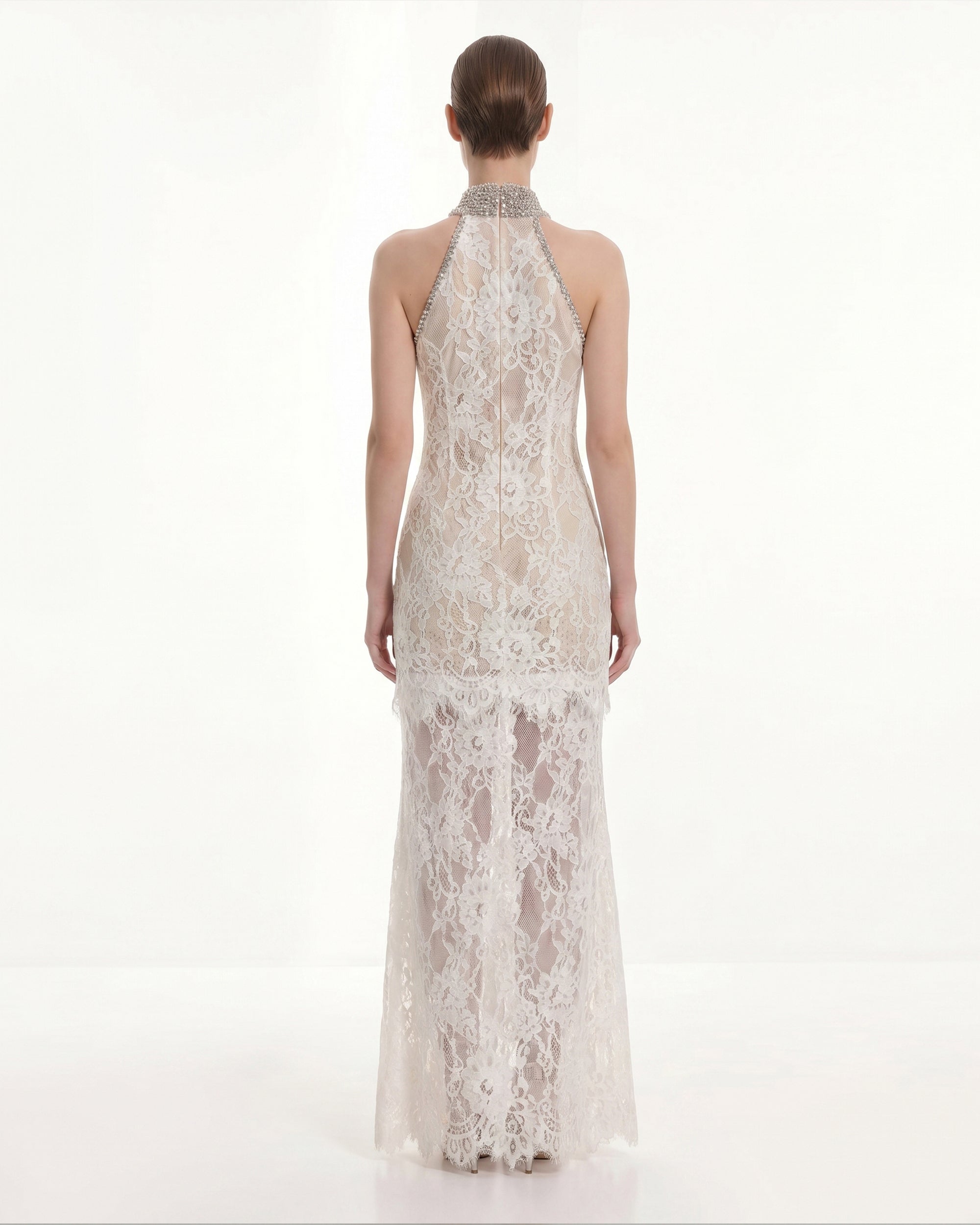 Jeweled Lace Halter Dress - White - Image 2
