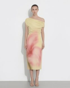 Watercolor Floral Print One-Shoulder Asymmetric Midi Dress - Yellow
