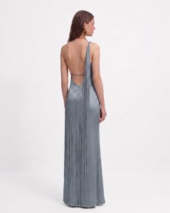 Fringe One Shoulder Maxi Dress - Misty Blue