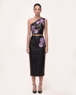 Iris Floral-Print High Waist Pencil Leather Midi Skirt - Black